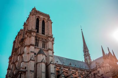 Low angle view of church against clear blue sky