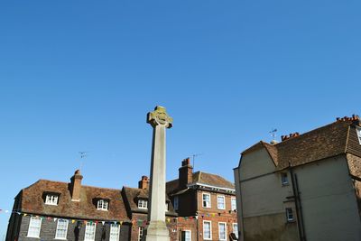 Low angle view of old building against clear blue sky