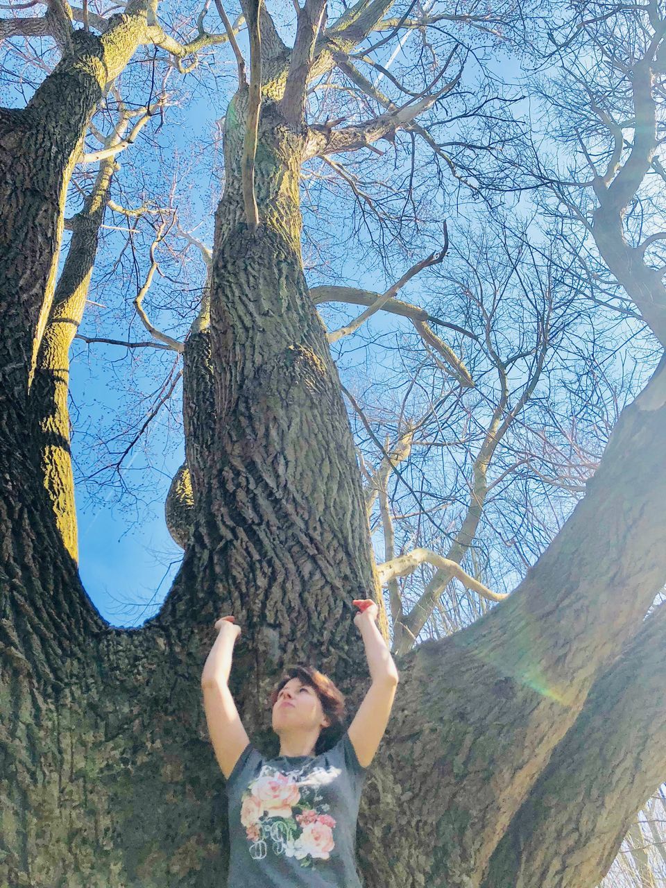 tree, one person, bare tree, tree trunk, leisure activity, branch, human arm, nature, plant, trunk, day, real people, casual clothing, front view, childhood, standing, waist up, women, arms raised, limb, outdoors, hairstyle, human limb