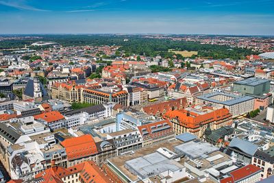 High angle view of buildings in city