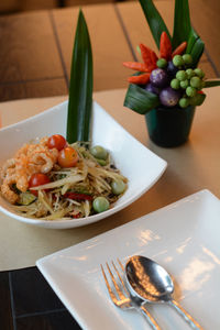 High angle view of food by potted plant on table