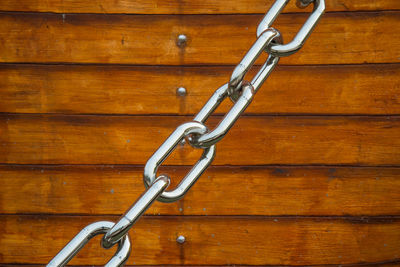 Close-up of chain against wood