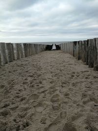 Man standing on sand at beach against sky