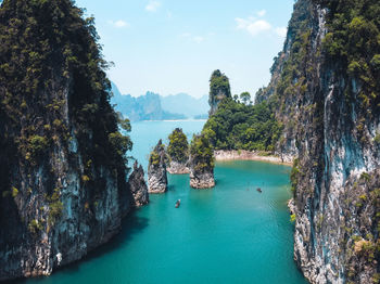 Aerial view of bay amidst rock mountain