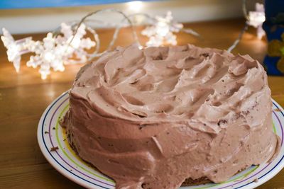 Close-up of cake in plate on table