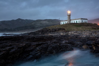 Lighthouse just after sunset with the light on