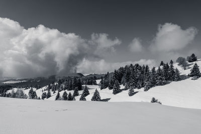 Snow covered land against sky