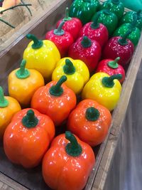 High angle view of bell peppers in container