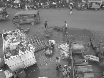 High angle view of people on road in city