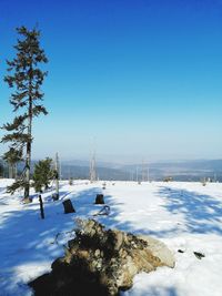 Scenic view of snow covered land against blue sky