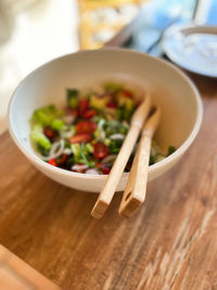 High angle view of salad in bowl on table