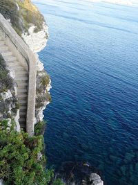 High angle view of sea by cliff