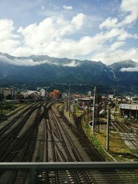 High angle view of railroad tracks against sky