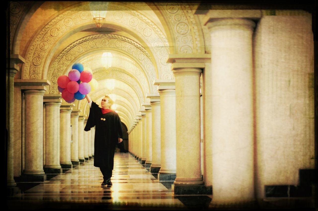 indoors, full length, lifestyles, rear view, person, architecture, arch, steps, walking, built structure, leisure activity, standing, men, corridor, transfer print, auto post production filter, the way forward, steps and staircases