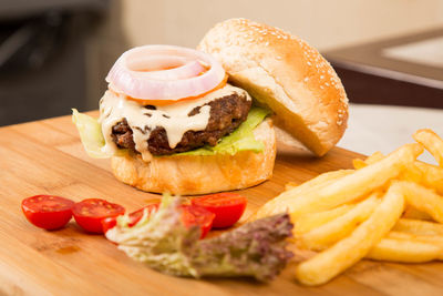 Close-up of burger on table