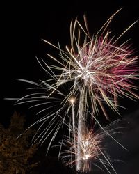 Low angle view of firework display at night