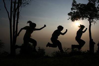 Silhouette man jumping against trees and sky during sunset