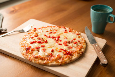 High angle view of pizza on table