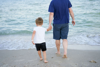 Rear view of father and son on beach