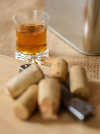 Close-up of beer in glass on table