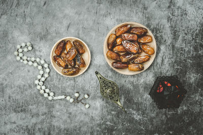 High angle view of various fruits on table