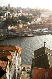 High angle view of townscape by river in city