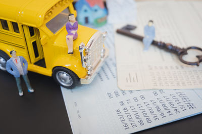 High angle view of toy car on table