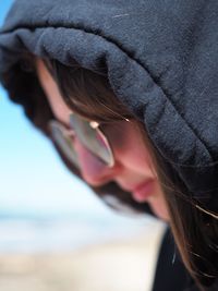 Close-up of woman wearing hood