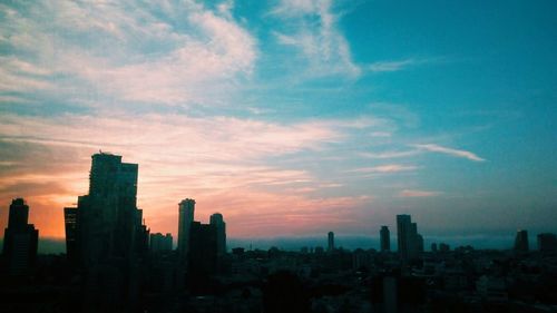 City skyline at sunset