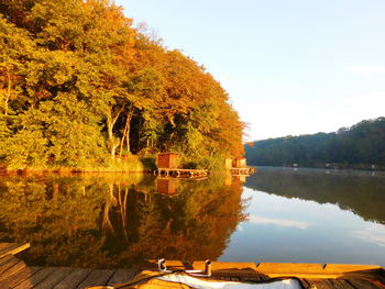 Scenic view of lake by trees against clear sky