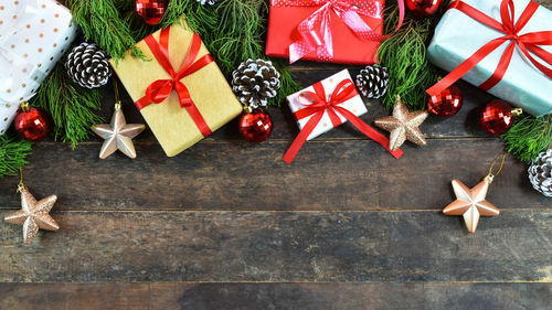 High angle view of christmas decoration in box