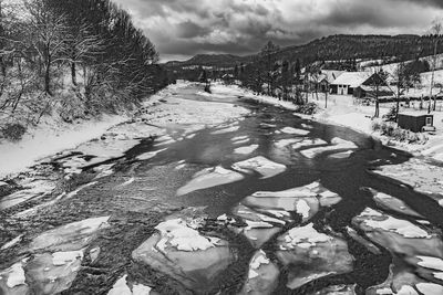 Scenic view of snow covered land against sky