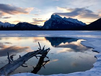Scenic view of lake against sky during sunset