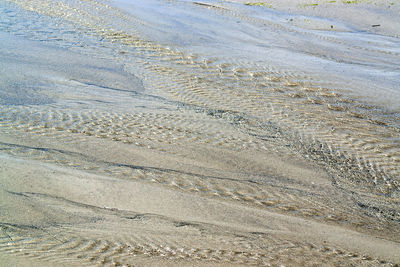 High angle view of tire tracks on beach