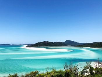 Scenic view of sea against clear blue sky