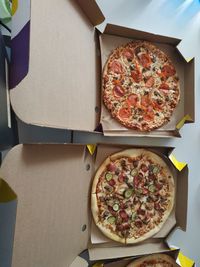 High angle view of pizza on table