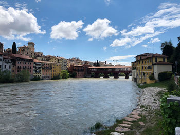 Buildings by river against cloudy sky