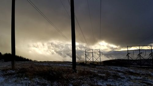 Electricity pylon on field against sky during sunset