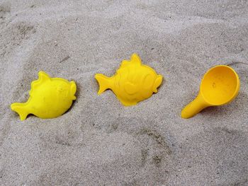 High angle view of yellow leaf on sand