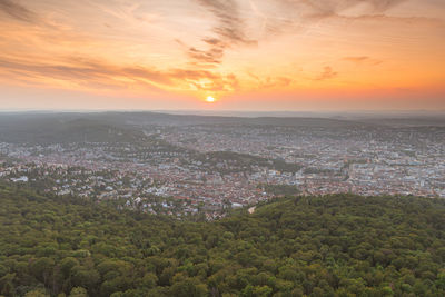 High angle view of townscape against sky during sunset