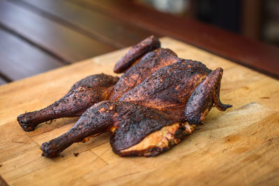 Close-up of meat on barbecue grill