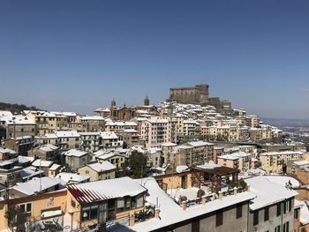 High angle view of buildings against sky