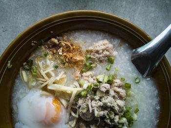 Directly above shot of soup in bowl on table