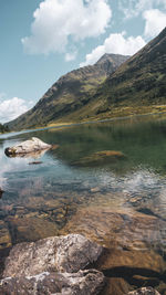 Scenic view of lake and mountains against sky