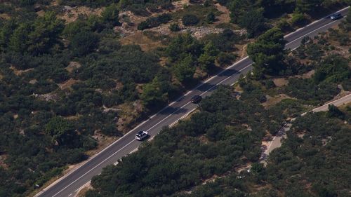 High angle view of highway amidst trees in city