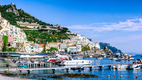 Houses by sea against blue sky