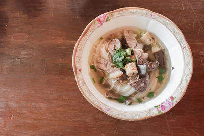 High angle view of soup in bowl on table