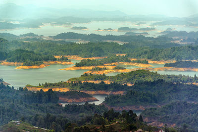 High angle view of landscape with mountain range in background