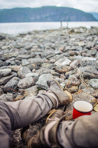 Morning coffee at fiord in norway