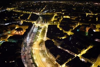 High angle view of city street at night